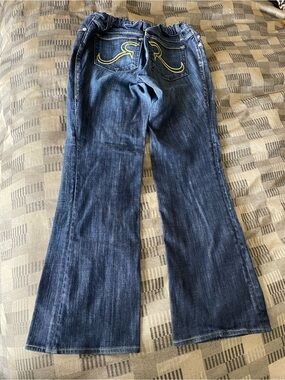 Rock & Republic Maternity Dark Blue Flared Jeans with Yellow Back Stitching